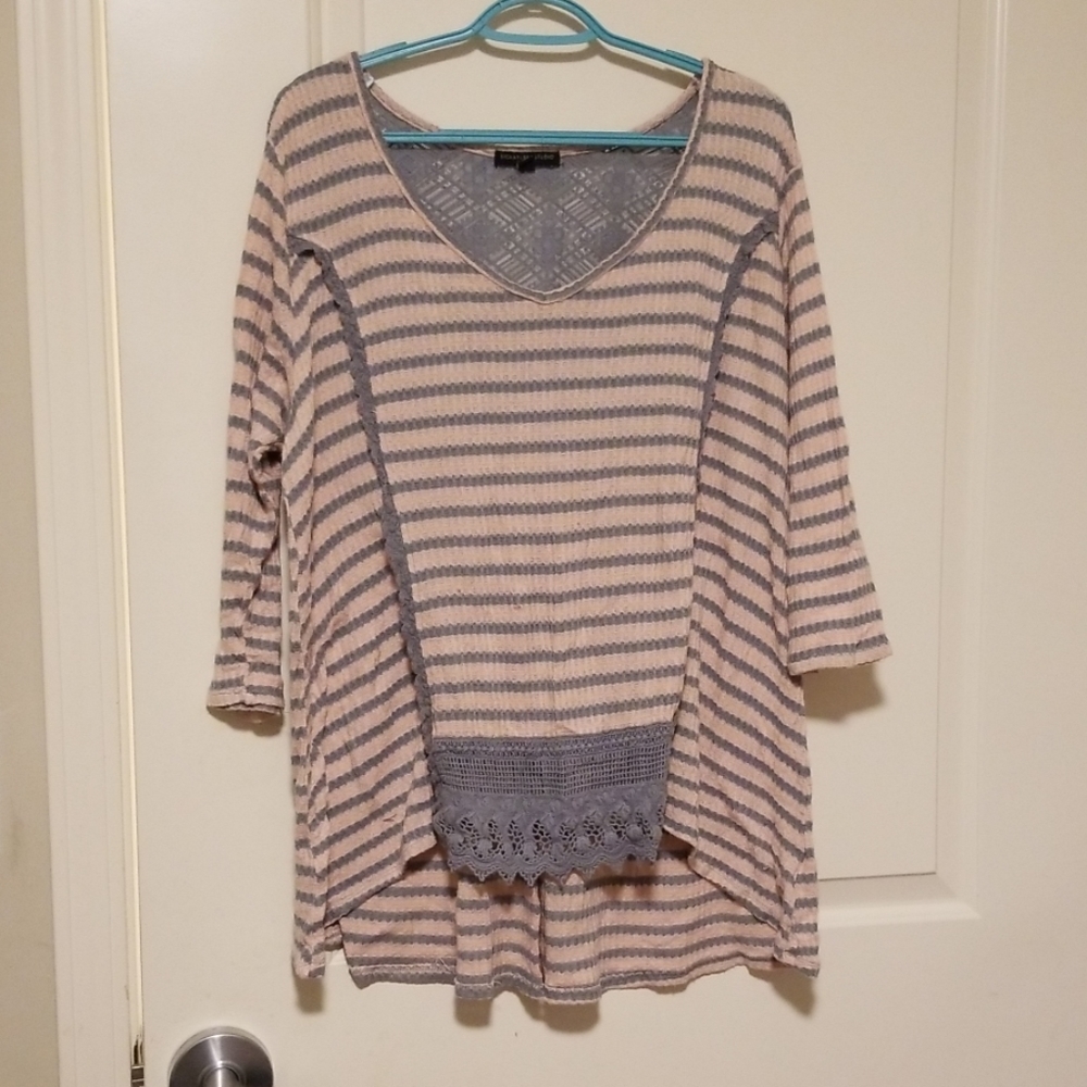 Pink and Gray High-Low Lace back blouse
